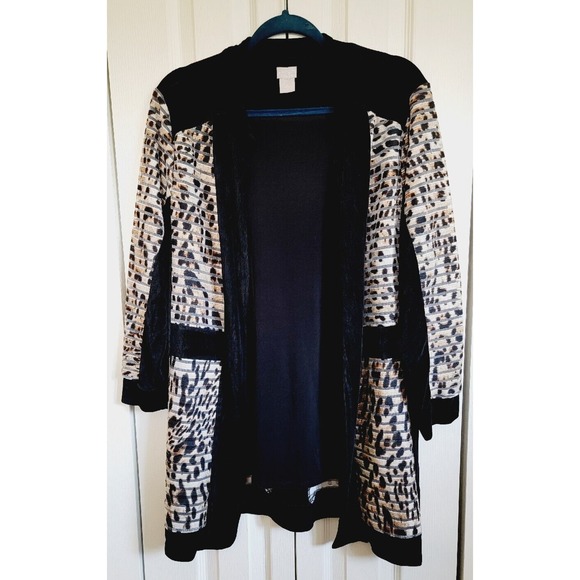 Chico's Travelers 2 Stretch Long Slv‎ Open Cardigan Jacket Top L Blk Anim Prnt - Picture 4 of 9